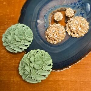 Vintage Celluloid Floral Rhinestone Clip-On Earring Pair Aqua & Cream